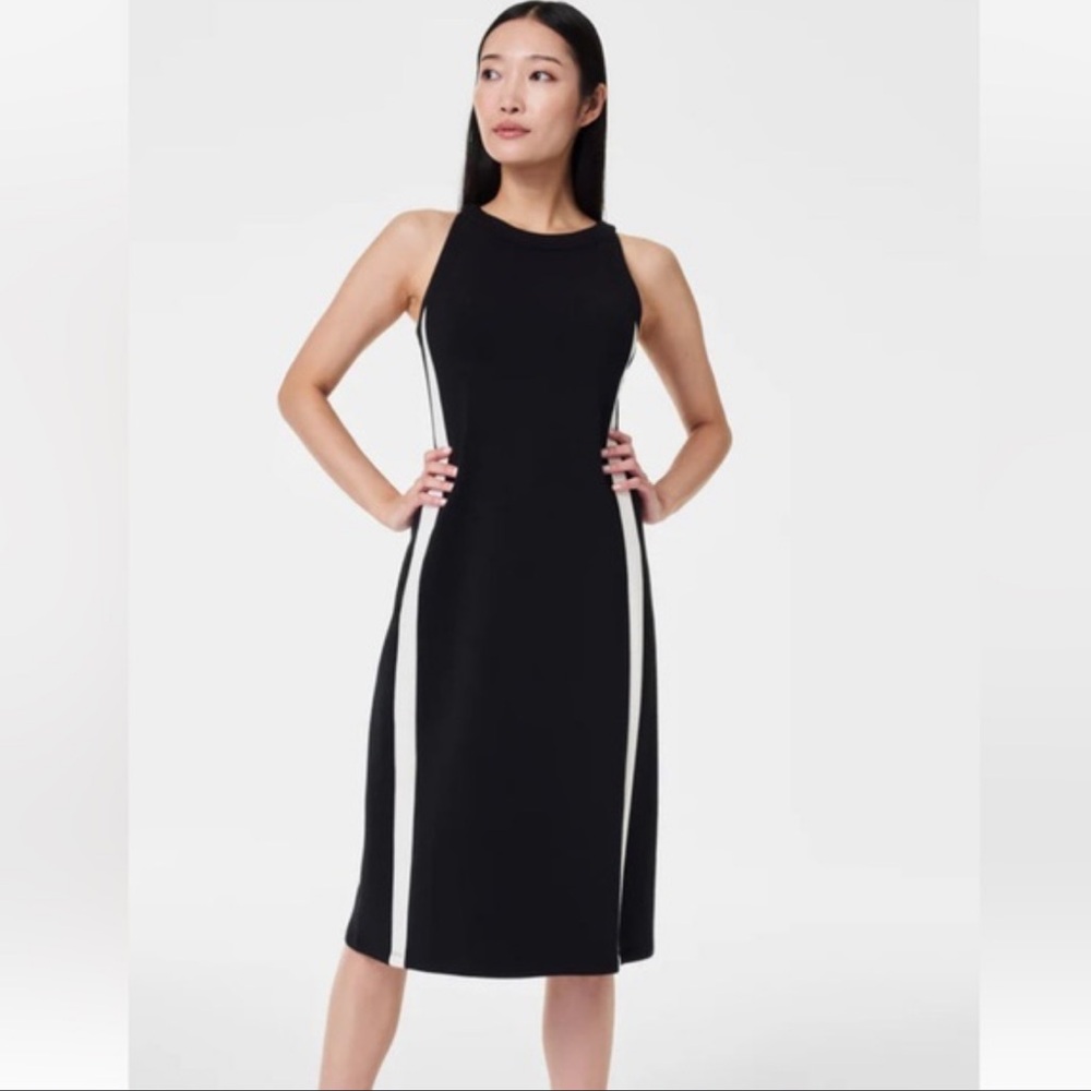 SPANX AirEssentials Side Stripe Tank Midi Dress‎ Black White Soft Comfy Modal S
